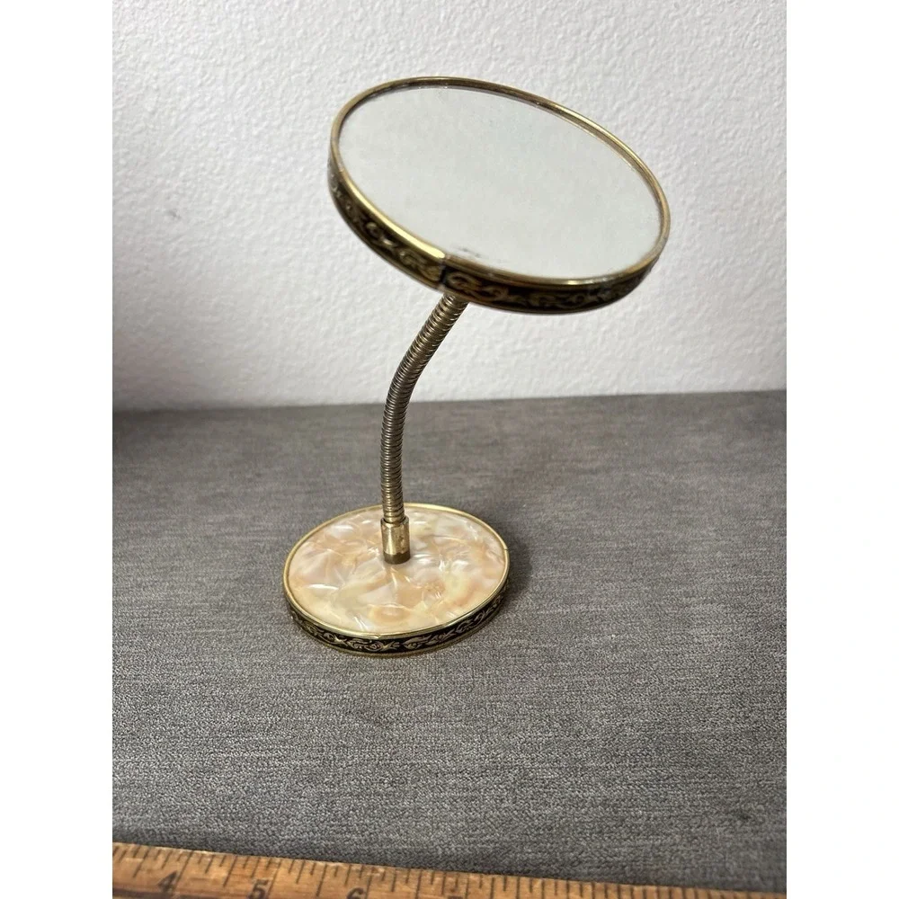Vintage Vanity Mirror Gooseneck Double Sided Round Magnifying Ivory Gold Plastic